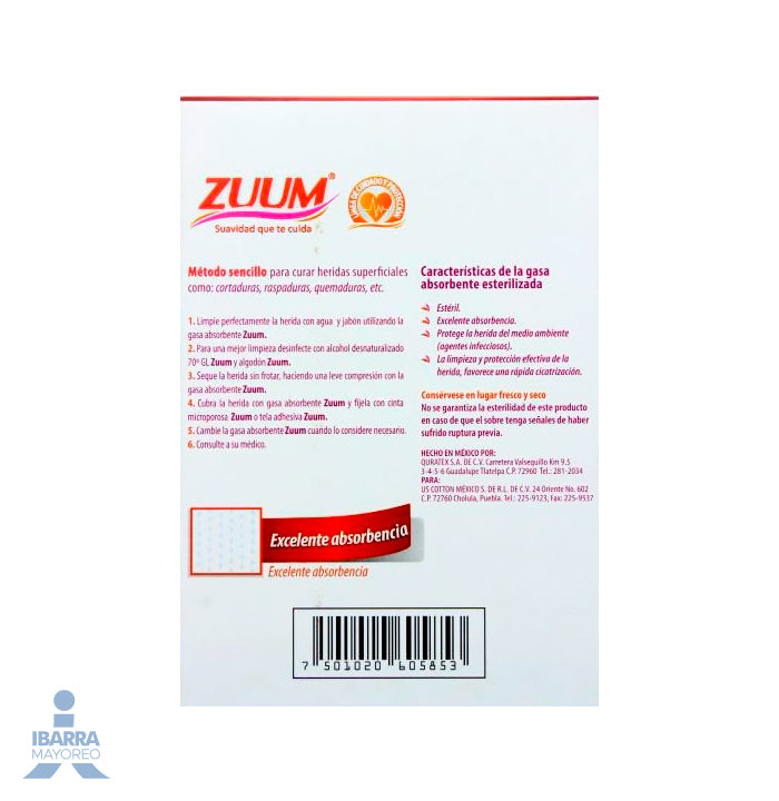 Gasa Zuum 7.5 x 5 cm 10 sobres