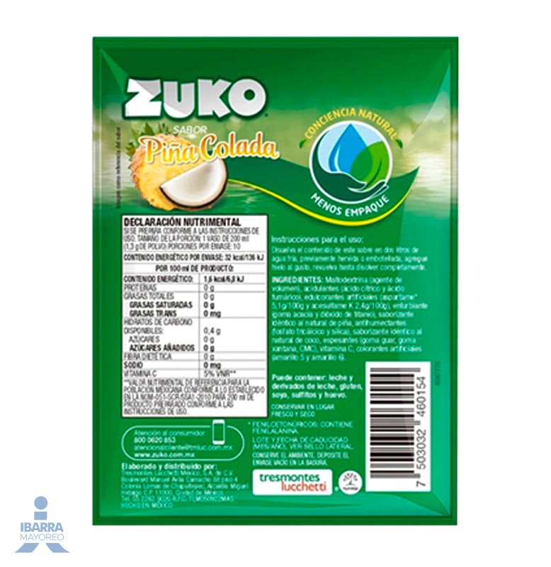 Bebida en Polvo Zuko Sabor Piña Colada 13 g