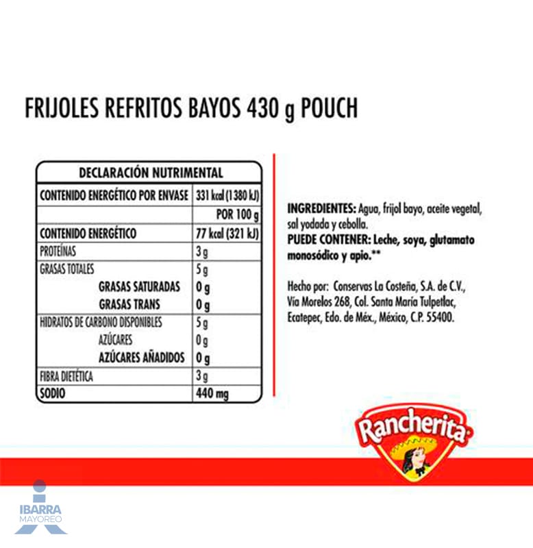 Frijol Bayo Refrito Rancherita Bolsa 430 g