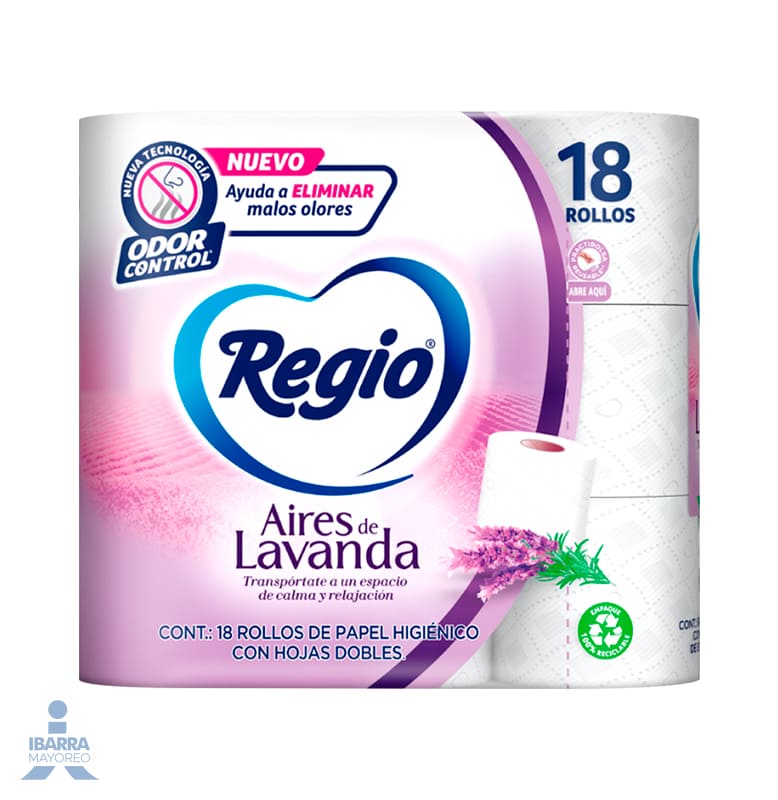Papel Higiénico Regio Aires de Lavanda 230 hojas 18 rollos