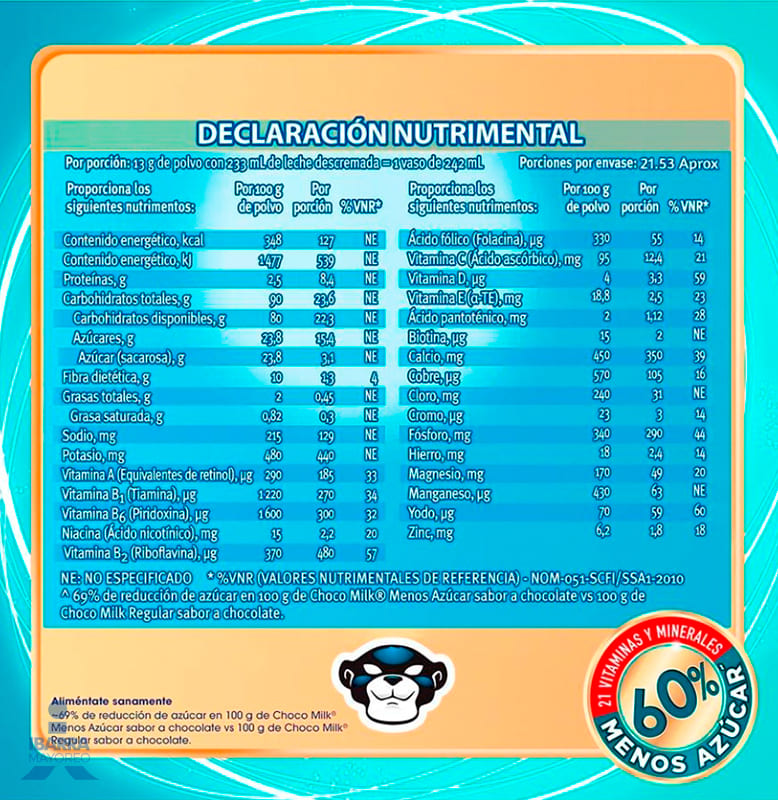 Choco Milk 60% Menos Azúcar Bolsa 280 g