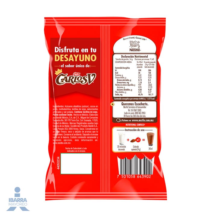 Polvo Carlos V para preparar bebida sabor a Chocolate bolsa 160 g