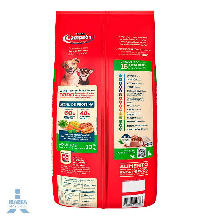Campeón alimento seco perros adultos minis y pequeños carne y pollo 20 kg