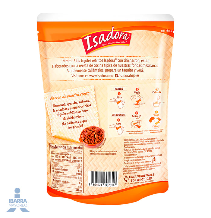 Frijol Bayo Refrito con Chicharrón Isadora Bolsa 430 g