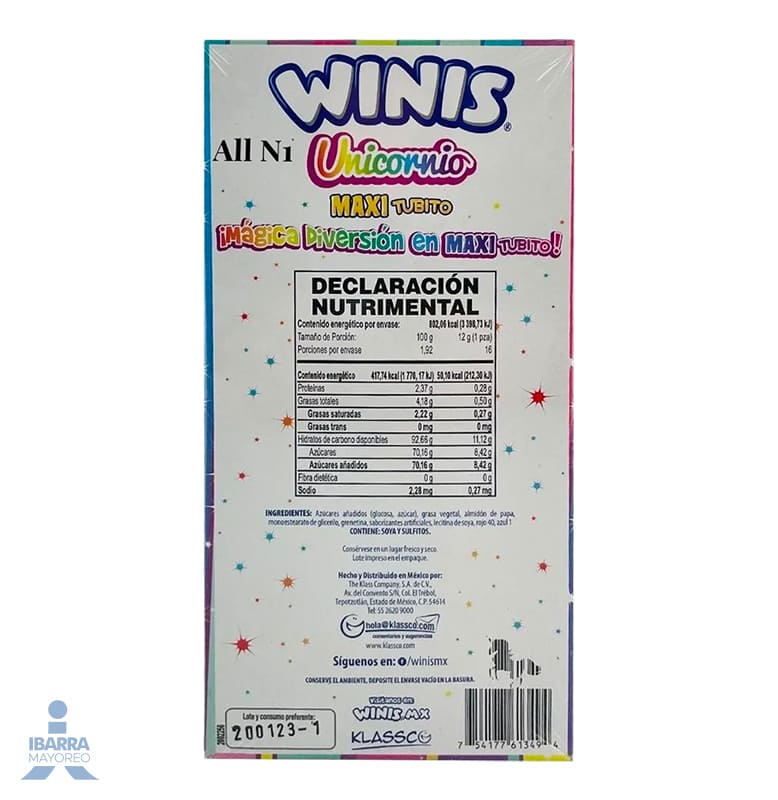 Dulce Winis Tubito Maxi Unicornio 16 pzas.