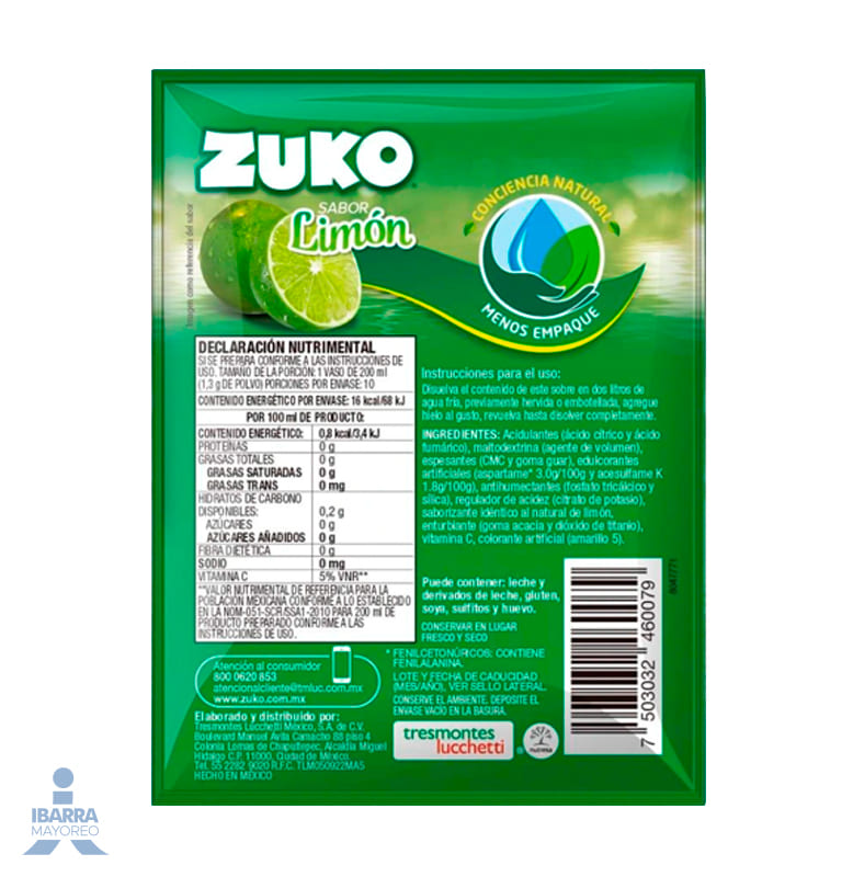 Bebida en Polvo Zuko Sabor Limón 13 g