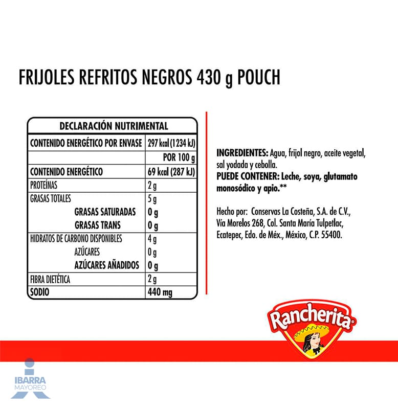 Frijol Negro Refrito Rancherita Bolsa 430 g