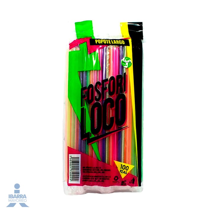 Popote Fosforiloco Largo Estuchado 100 pzas