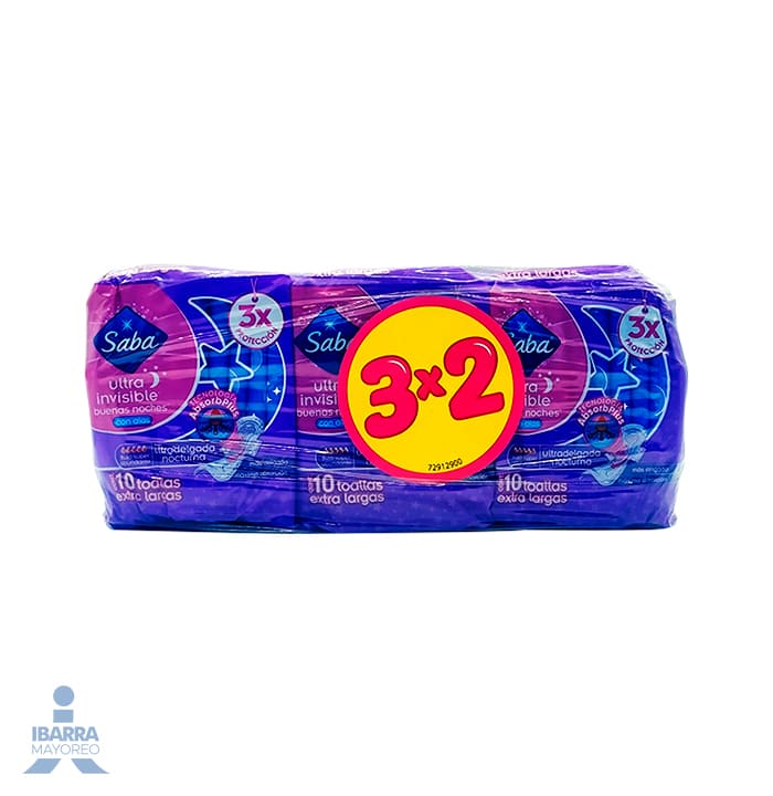 Toalla Sanitaria Saba Ultra Buenas Noches con alas 10 pzas. 3X2