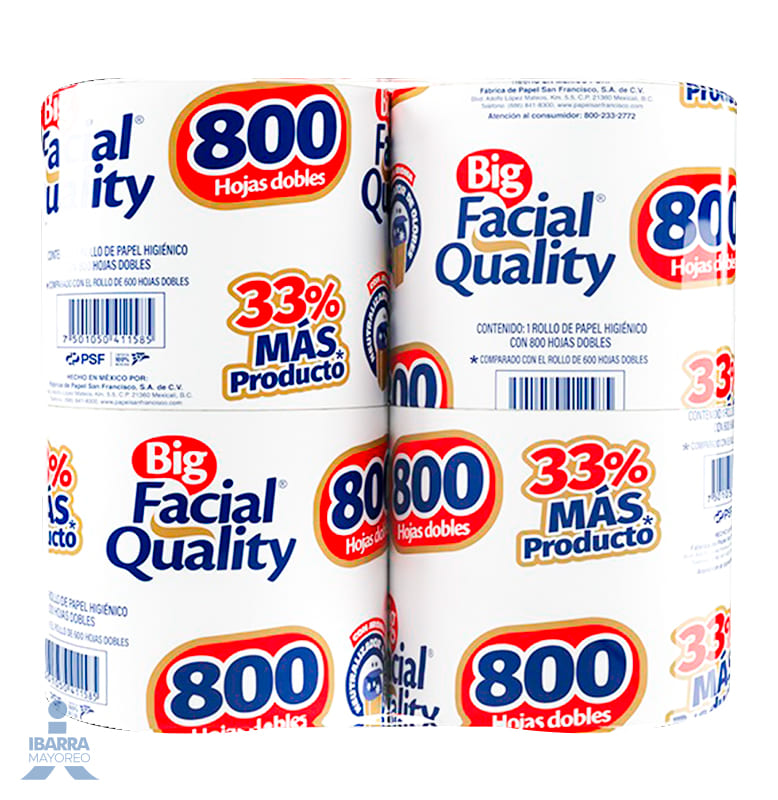 Papel Higiénico Big Facial Quality 800 hojas 4 rollos
