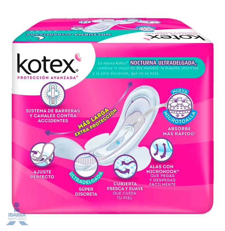 Toalla Sanitaria Kotex Nocturna Ultra Delgada con alas 10 pzas.