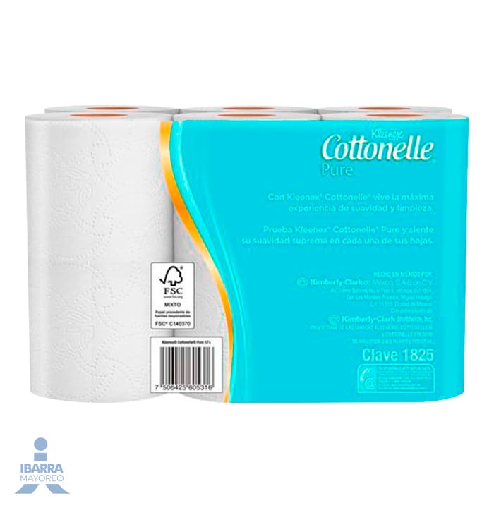 Papel Higiénico Kleenex Cottonelle Pure 180 hojas 12 rollos