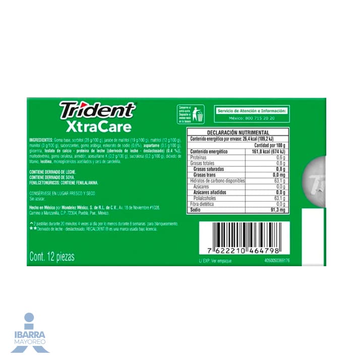 Goma de Mascar Trident XtraCare Sabor Yerbabuena 12/16.32 g
