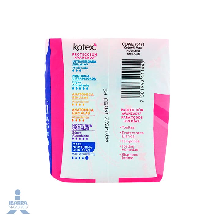 Toalla Sanitaria Kotex Maxi Día y Noche con alas 10 pzas.