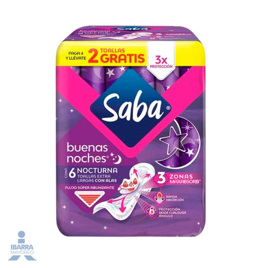 Toalla Sanitaria Saba Buenas Noches Extra Larga 4 pzas. + 2