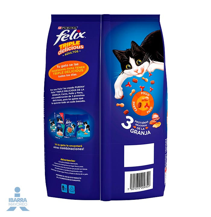 Felix Triple Delicious Granja alimento gatos adultos pollo pavo y carne 1.5 kg