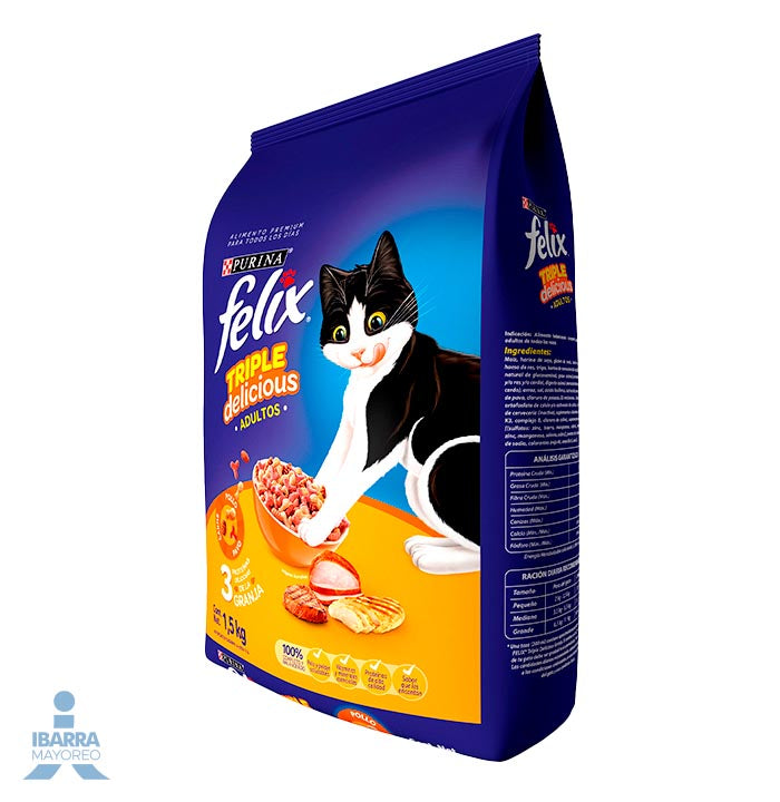 Felix Triple Delicious Granja alimento gatos adultos pollo pavo y carne 1.5 kg