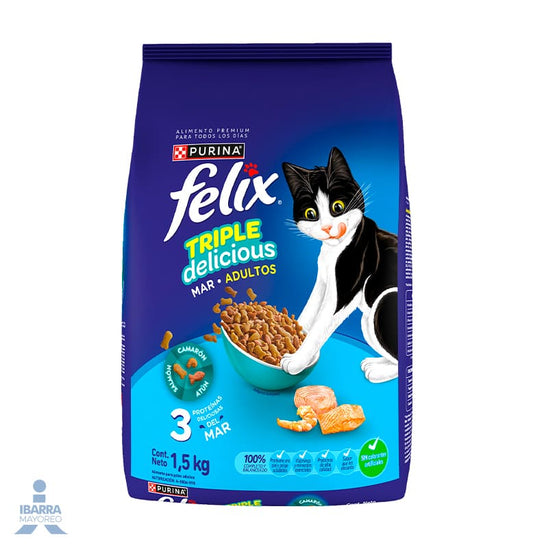 Felix Triple Delicious Mar alimento seco gatos adultos camarón salmón atún 1.5 kg