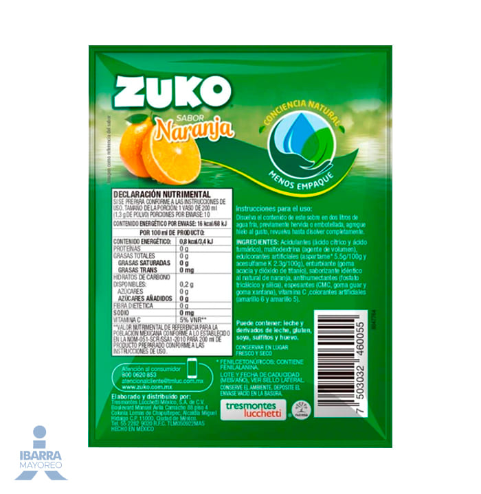 Bebida en Polvo Zuko Sabor Naranja 13 g