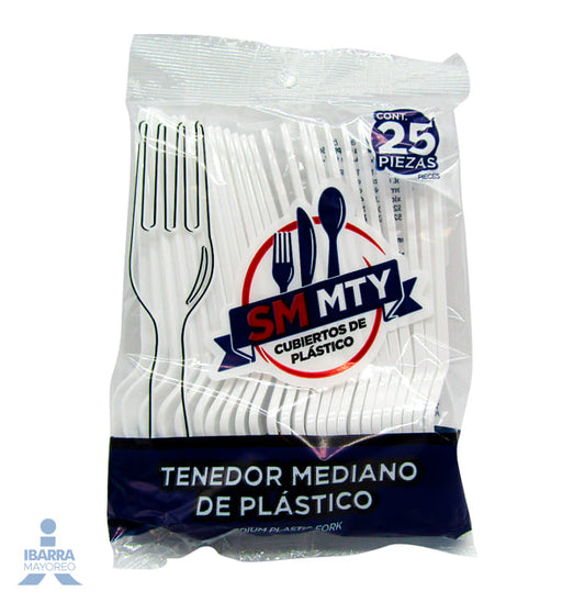 Tenedor Plástico SMMTY Blanco Mediano 25 pzas.