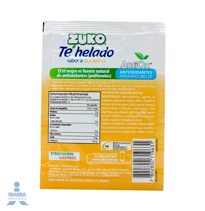 Bebida en Polvo Zuko Sabor Té Negro Durazno 13 g