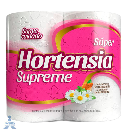 Papel Higiénico Hortensia Supreme Rosa 450 hojas 4 rollos