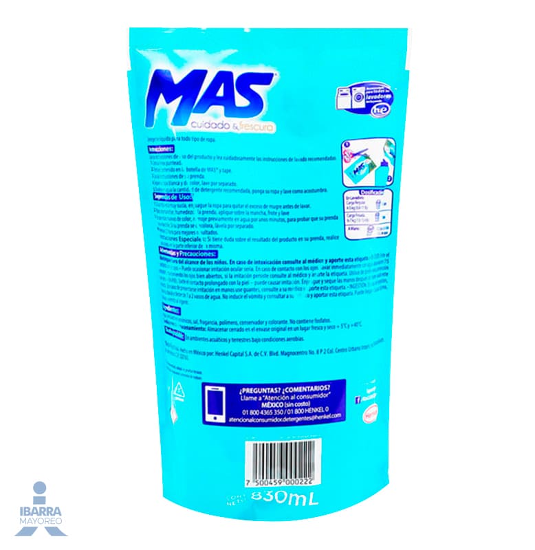 Detergente Mas Cuidado & Frescura Líquido 830 ml