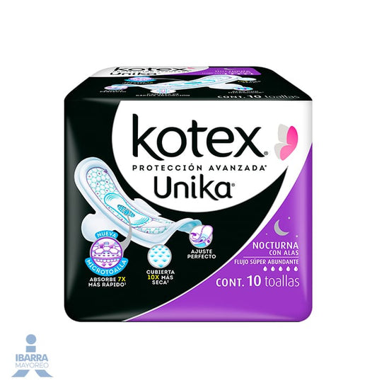 Toalla Sanitaria Kotex U By Nocturna con alas 10 pzas.