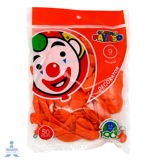 Globo Payaso Decorator Naranja no. 9 50 pzas.
