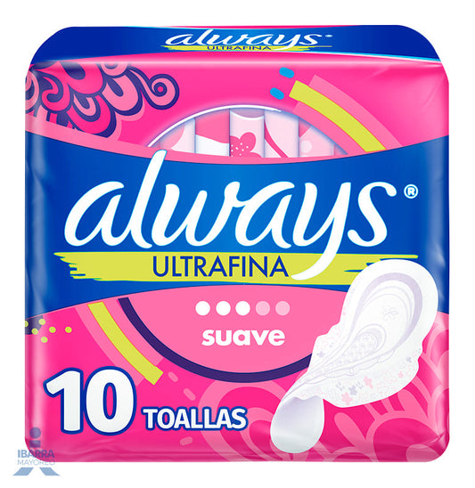 Toalla Sanitaria Always Ultrafina Suave con alas 10 pzas.