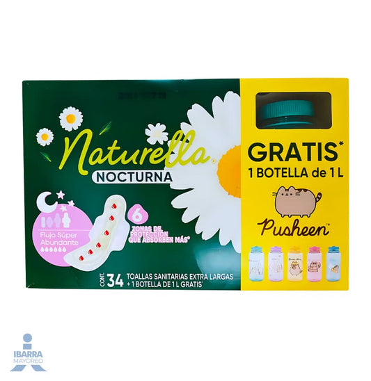 Toalla Sanitaria Naturella Nocturna con Alas 34 pzas. + Botella