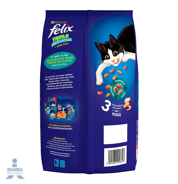 Felix Triple Delicious Mar alimento seco gatos adultos camarón salmón atún 1.5 kg