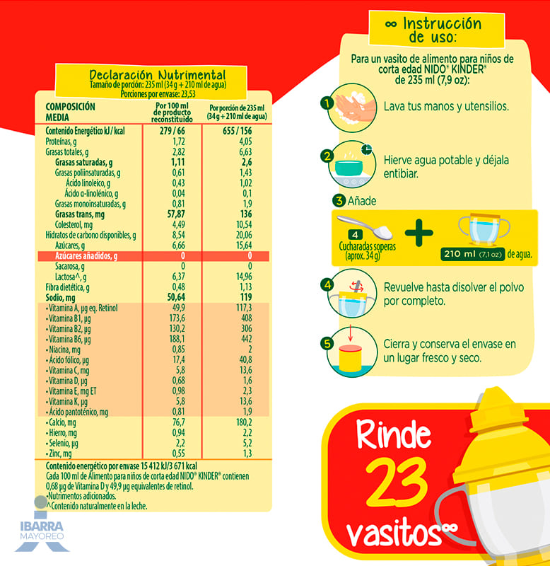 Alimento para niños de corta edad Nido Kinder 1+ Lata 800 g