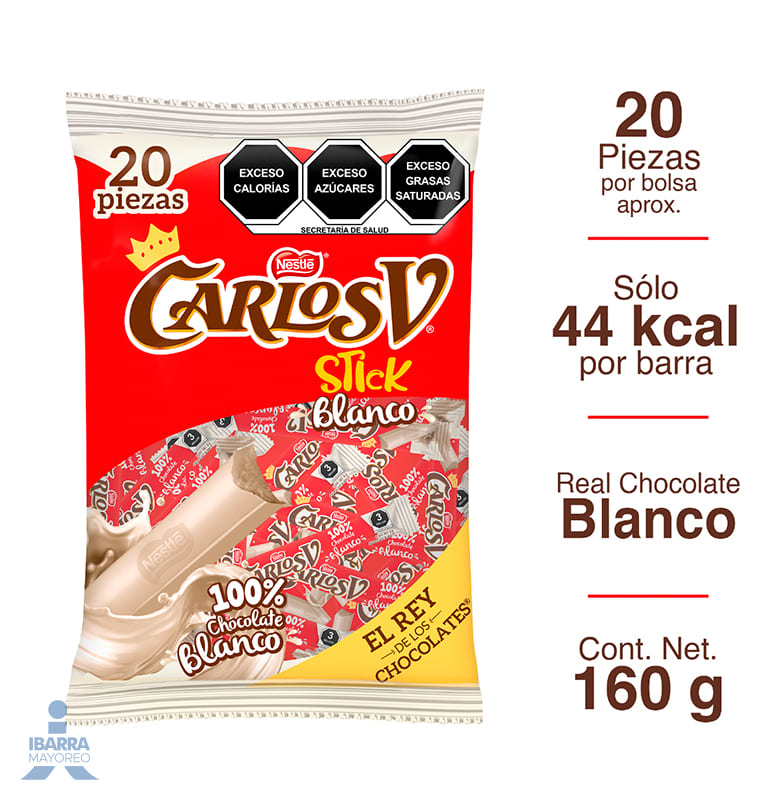 Chocolate Carlos V Stick Blanco bolsa con 20 piezas 8 g c/u