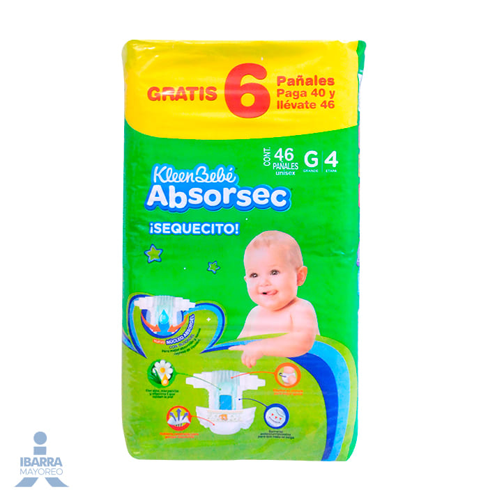 Pañal KleenBebé Absorsec Grande 40 pzas. GRATIS 6 pzas.