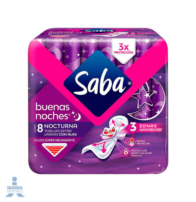 Toalla Sanitaria Saba Buenas Noches con alas 8 pzas. 
