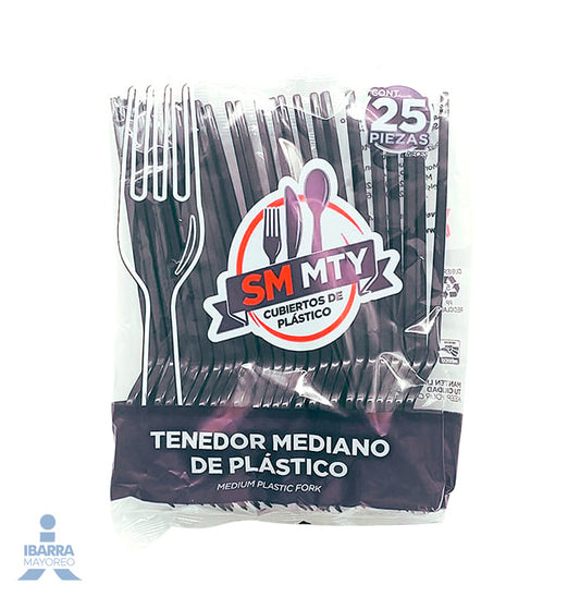 Tenedor Plástico Smmty Negro Mediano 25 pzas.