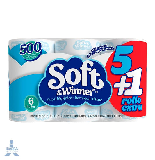 Papel Higiénico Soft & Winner 500 hojas 5 rollos + 1