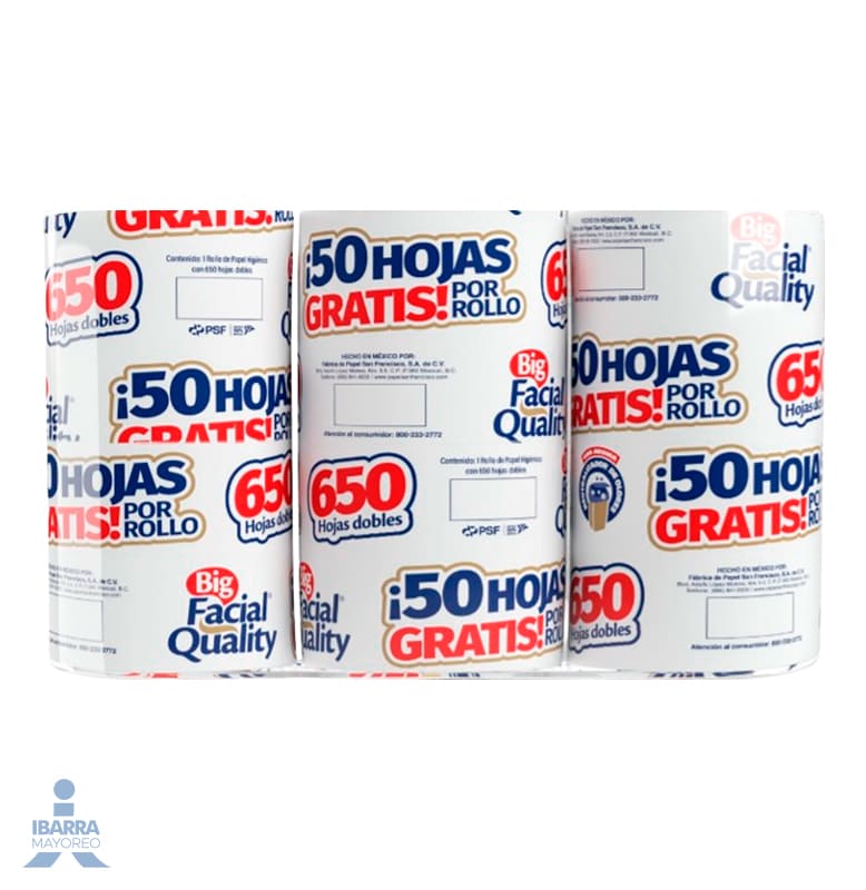 Papel Higiénico Big Facial Quality 650 hojas 6 rollos