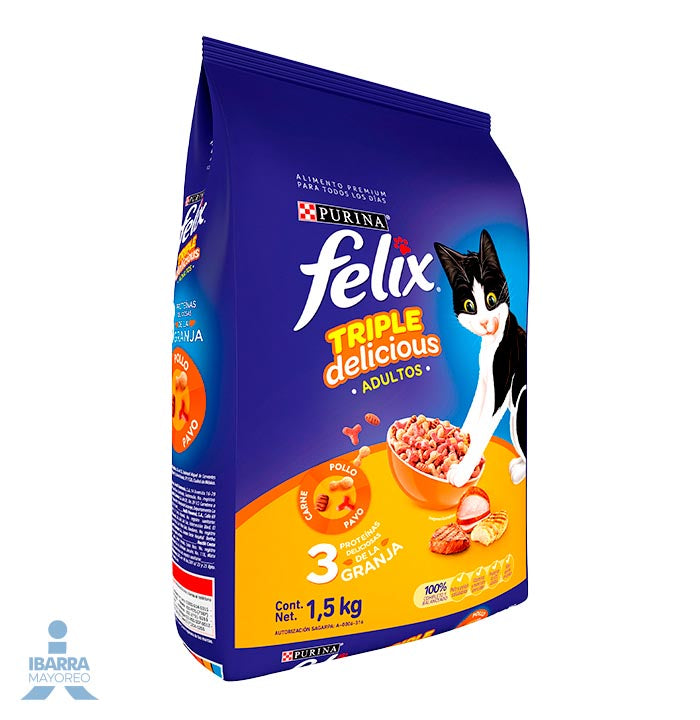 Felix Triple Delicious Granja alimento gatos adultos pollo pavo y carne 1.5 kg