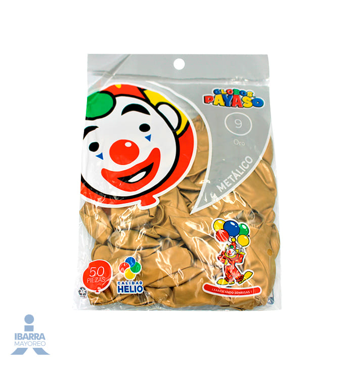 GLOBO PAYASO NO.9 METALICO DORADO 50 PZ