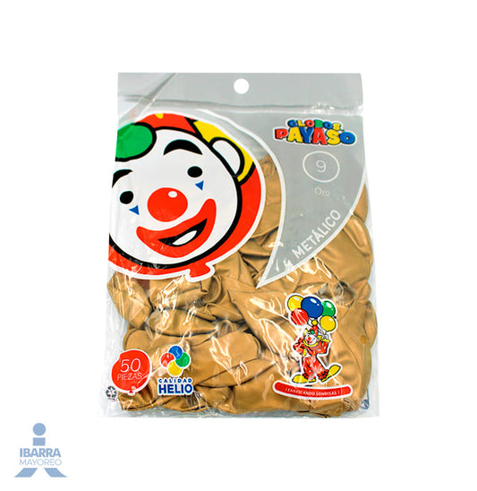 GLOBO PAYASO NO.9 METALICO DORADO 50 PZ