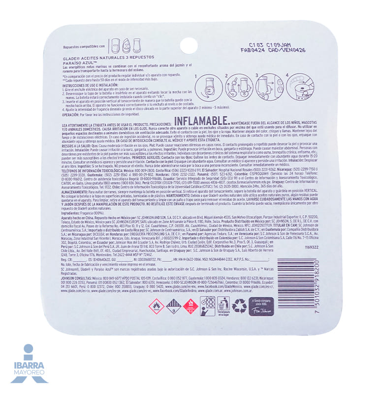 Aromatizante Glade Paraíso Azul Repuesto 3/63 ml