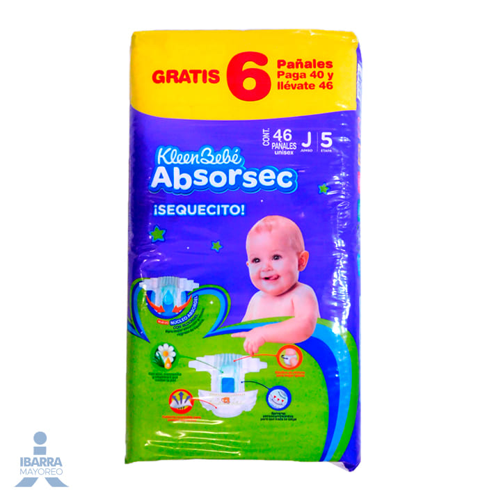 Pañal KleenBebé Absorsec Jumbo 40 pzas. GRATIS 6 pzas.