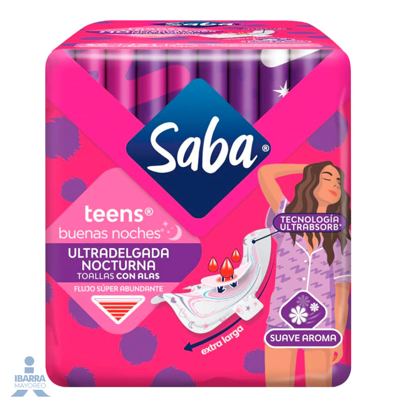 Toalla Sanitaria Saba Teens Nocturna con alas 10 pzas.