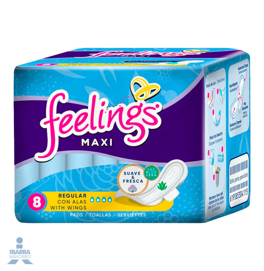 Toalla Sanitaria Feelings Maxi Regular con alas 8 pzas.