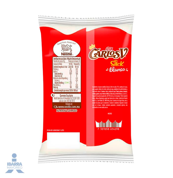 Chocolate Carlos V Stick Blanco bolsa con 20 piezas 8 g c/u
