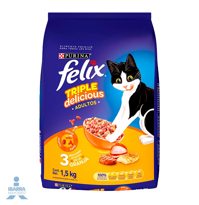 Felix Triple Delicious Granja alimento gatos adultos pollo pavo y carne 1.5 kg