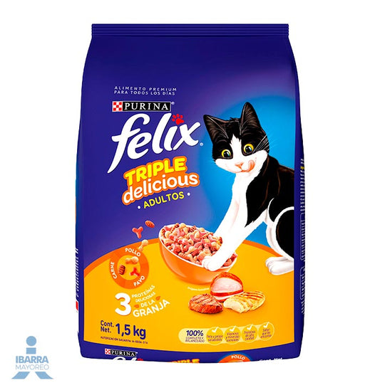 Felix Triple Delicious Granja alimento gatos adultos pollo pavo y carne 1.5 kg