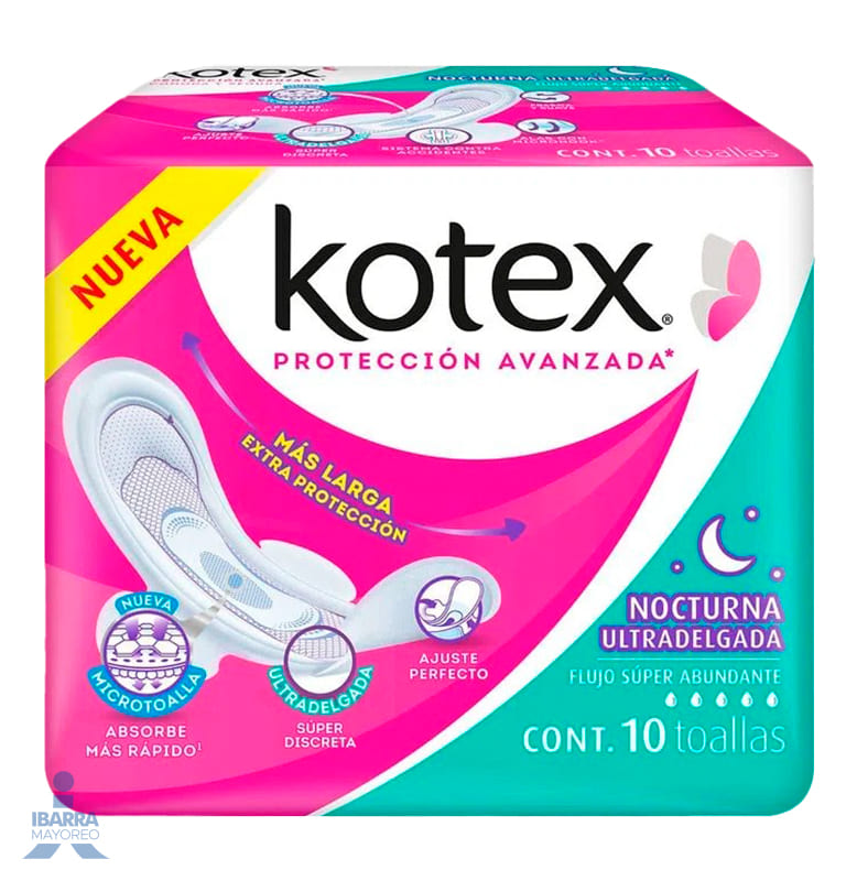 Toalla Sanitaria Kotex Nocturna Ultra Delgada con alas 10 pzas. 